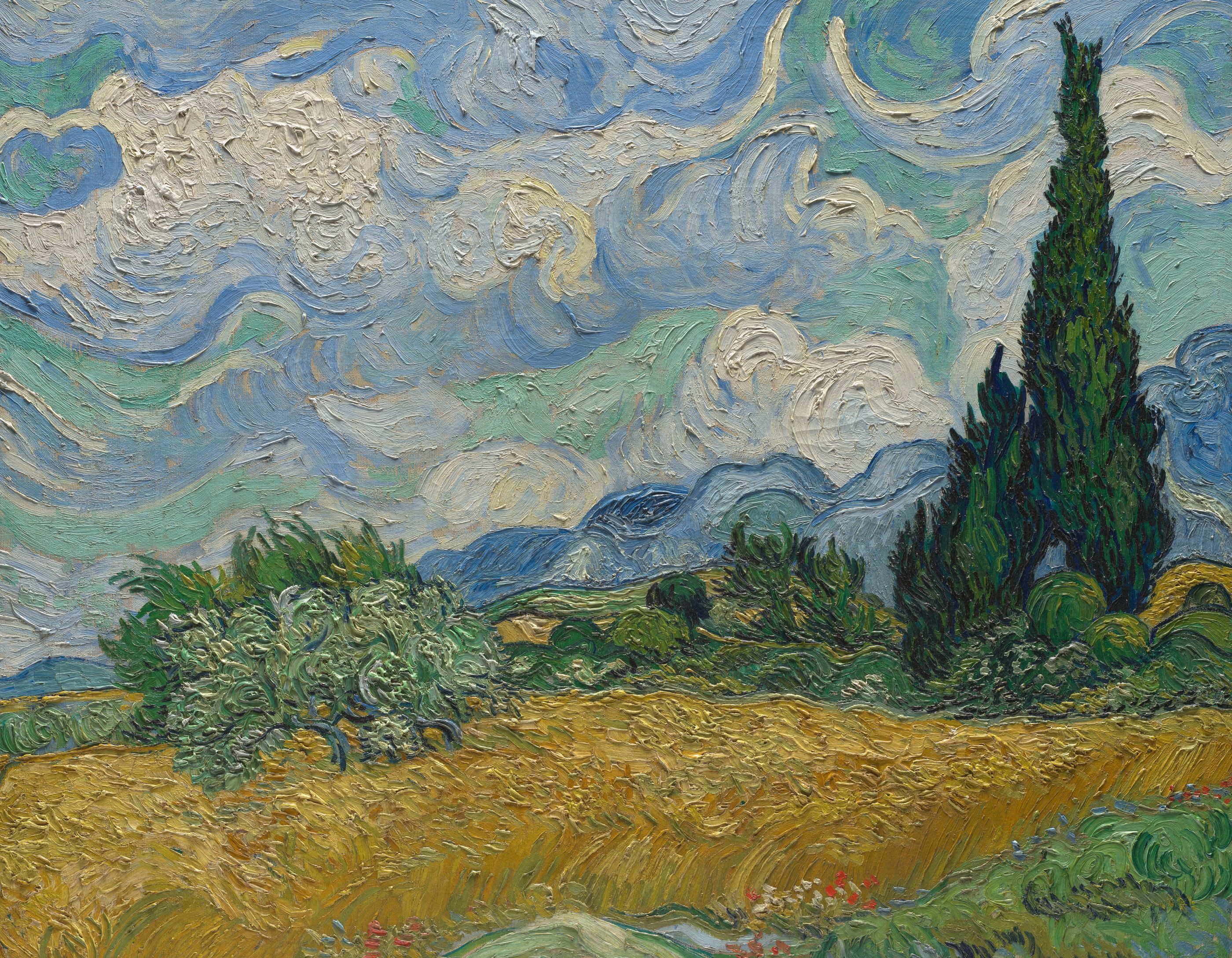 A field of ripe golden wheat stretches beneath a swirling blue and white sky. A tall, dark green cypress rises on the right in front of soft blue hills.